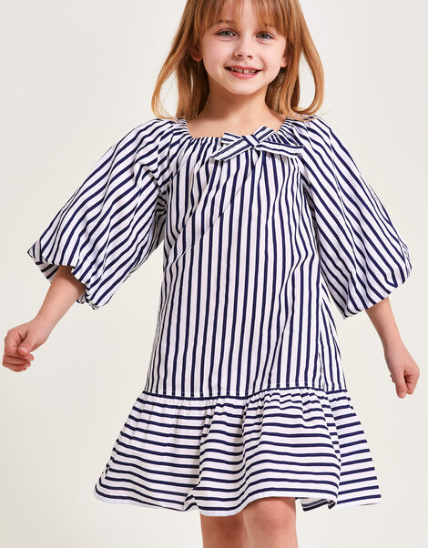 Stripe Puff Sleeve Dress, White (WHITE), large