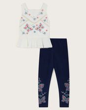 Embroidered Butterfly Top and Leggings Set, White (WHITE), large