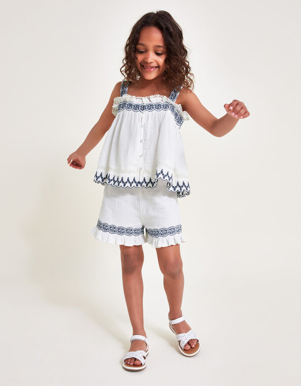 Embroidered Frill Top and Shorts Set, White (WHITE), large