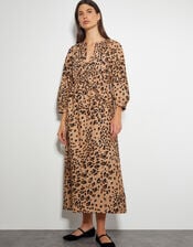 Raife Leopard Print Tie Midi Dress, Natural (NATURAL), large