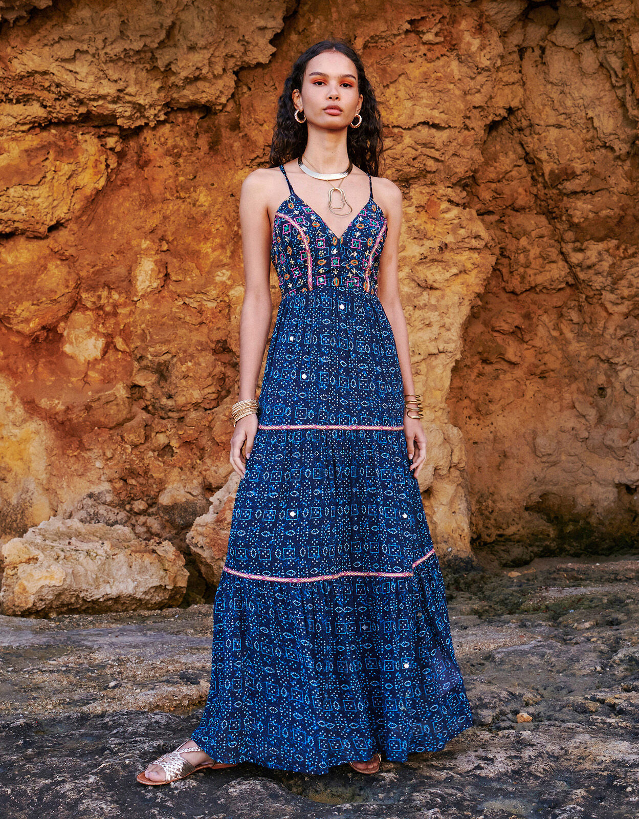 Embellished Print Maxi Cami Dress in Sustainable Viscose Blue