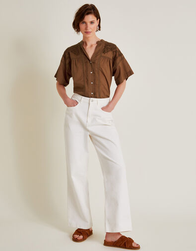 Aerin Embroidered Short Sleeve Blouse, Brown (BROWN), large