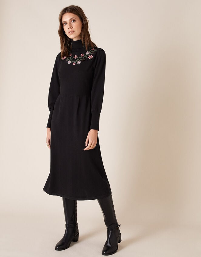 Embroidered Yoke Knit Midi Dress, Black (BLACK), large