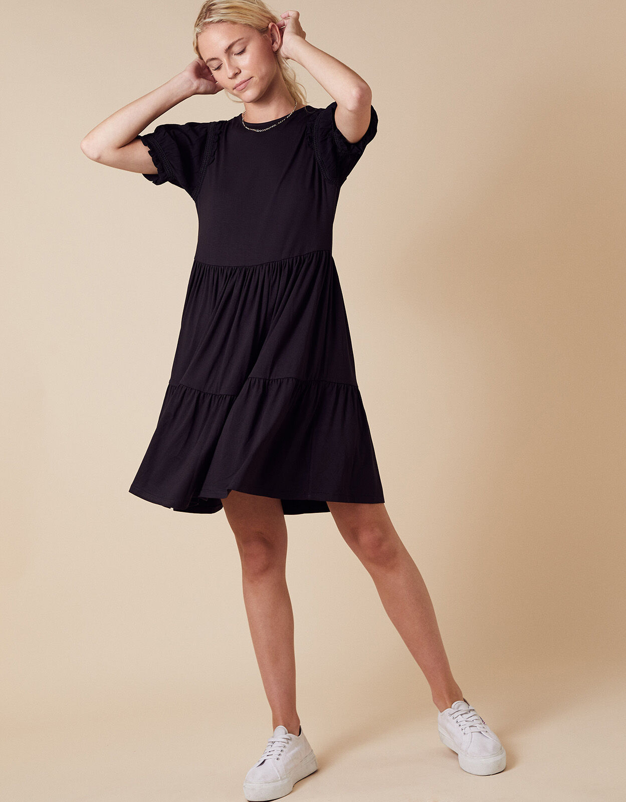 Woven Sleeve Jersey Smock Dress with 