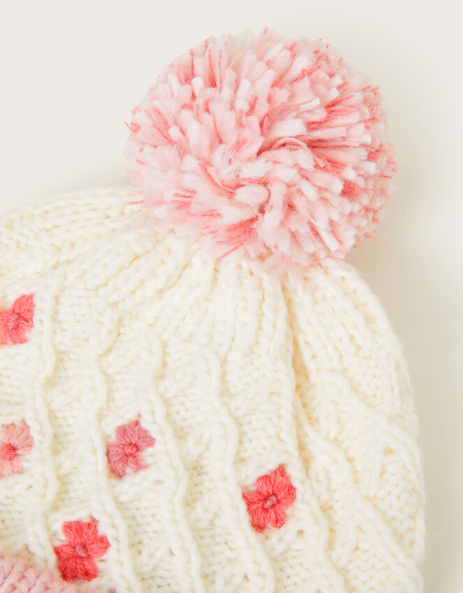 Flower Pom-Pom Beanie, Ivory (IVORY), large