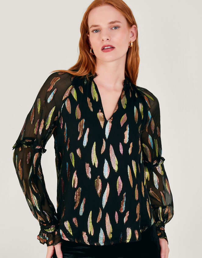 Fenna Feather Print Shirt, Black (BLACK), large