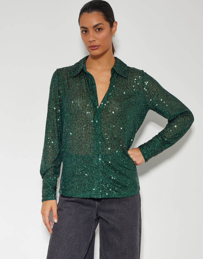 Shonda Sheer Sequin Shirt, Green (GREEN), large