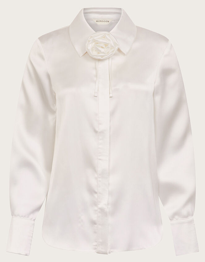 Sylvia Corsage Satin Blouse, Ivory (IVORY), large