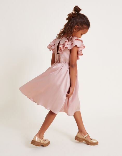 Satin Ruffle Sleeve Dress, Pink (PALE PINK), large