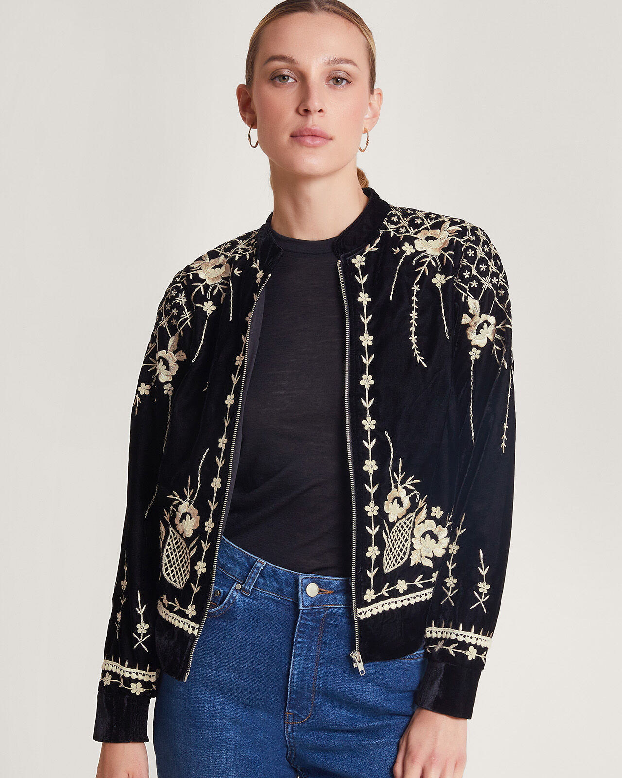Hadley Embroidered Velvet Bomber Jacket Black | Women's Jackets