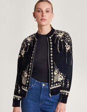 Hadley Embroidered Velvet Bomber Jacket, Black (BLACK), large