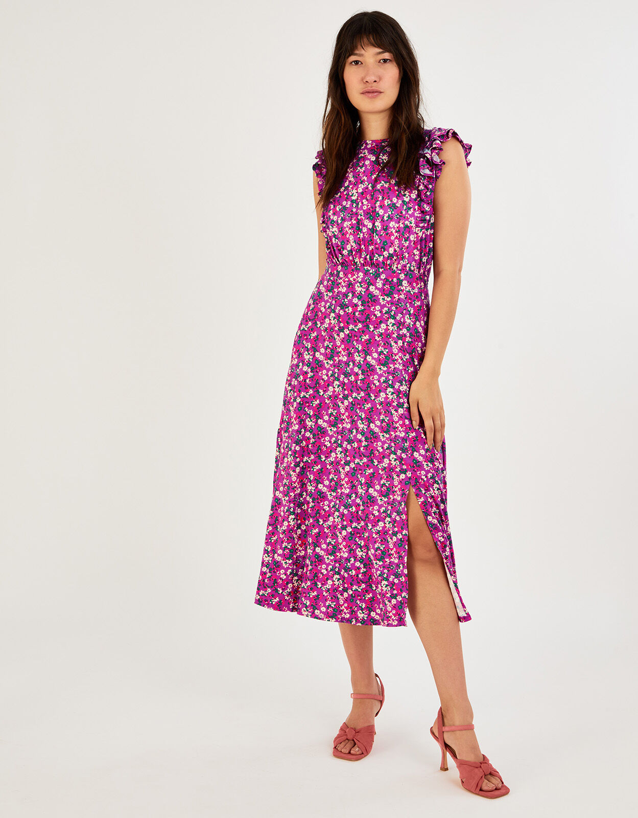 Frill Sleeveless Ditsy Floral Midi Dress Purple | Midi Dresses | Monsoon US.