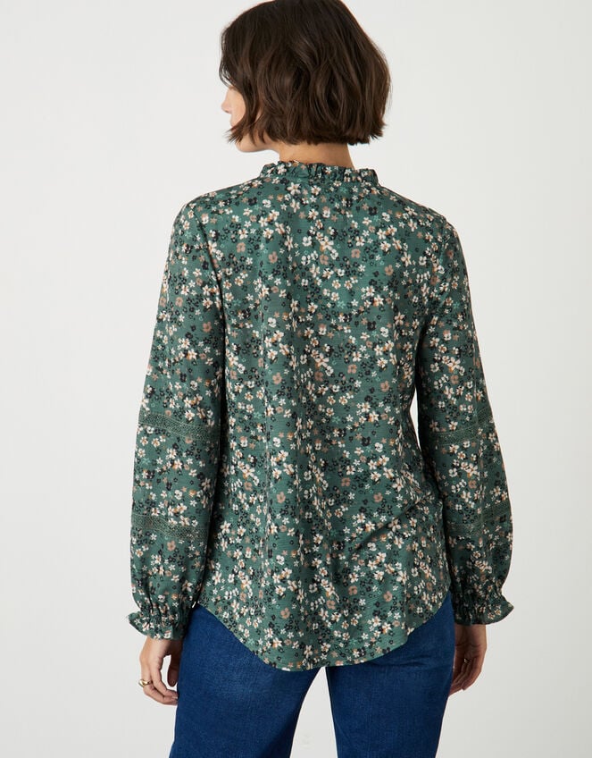 Women's Green Floral Blouse Long Sleeved Button Down 