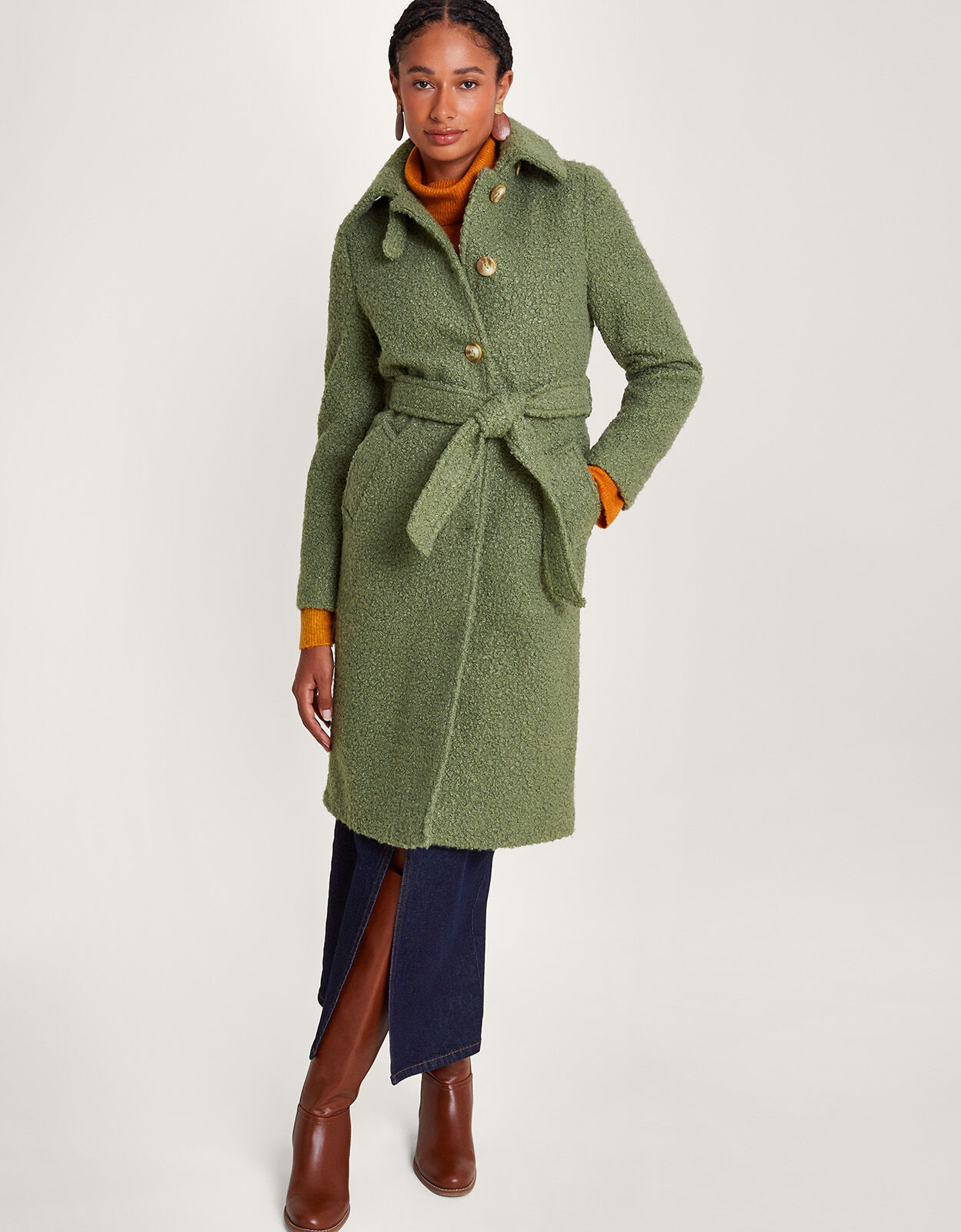 Blair Boucle Single Breasted Belt Coat Green | Women's Coats