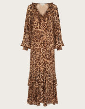 Rowena Leopard Print Ruffle Dress, Brown (BROWN), large