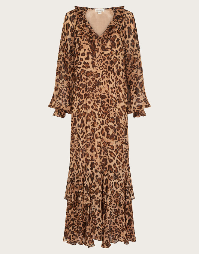 Rowena Leopard Print Ruffle Dress, Brown (BROWN), large