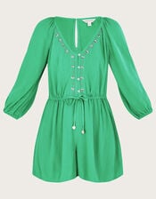 Long Sleeve Embellished Romper, Green (GREEN), large