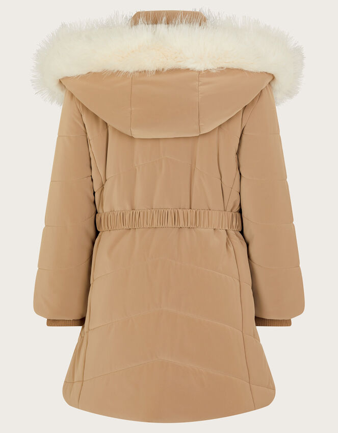 Padded Faux Fur Trim Belted Coat, Camel (CAMEL), large