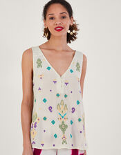 Sleeveless Embroidered Top, White (WHITE), large