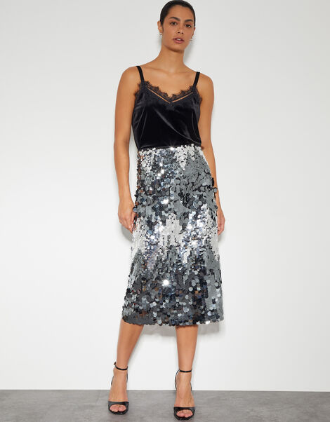 Sia Sequin Midi Skirt, Silver (SILVER), large