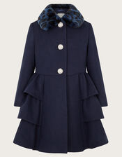 Faux Fur Collar Peplum Coat, Blue (NAVY), large