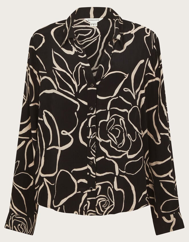 Mary Illustrated Floral Print Shirt, Black (BLACK), large