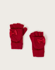 Bow Fingerless Mitten Knit Gloves, Red (RED), large