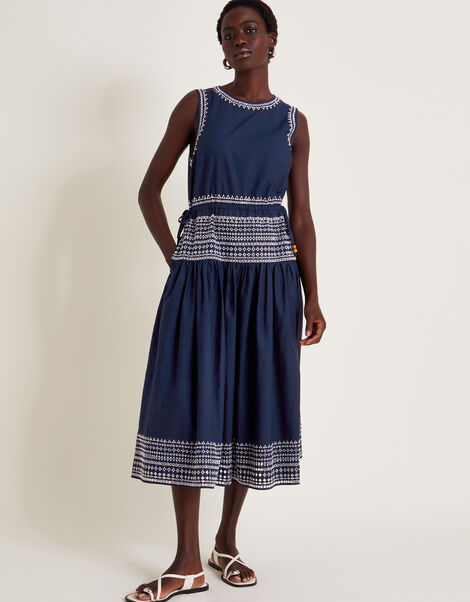 Erin Sleeveless Broderie Midi Dress, Blue (NAVY), large