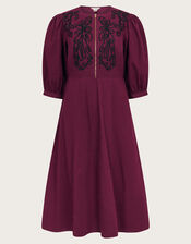 Kaia Embroidered Corduroy Midi Dress, Red (BURGUNDY), large