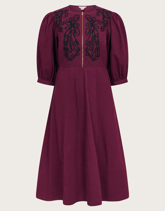 Kaia Embroidered Corduroy Midi Dress, Red (BURGUNDY), large