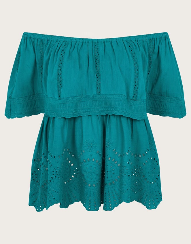 Cleo Broderie Bardot Top, Teal (TEAL), large