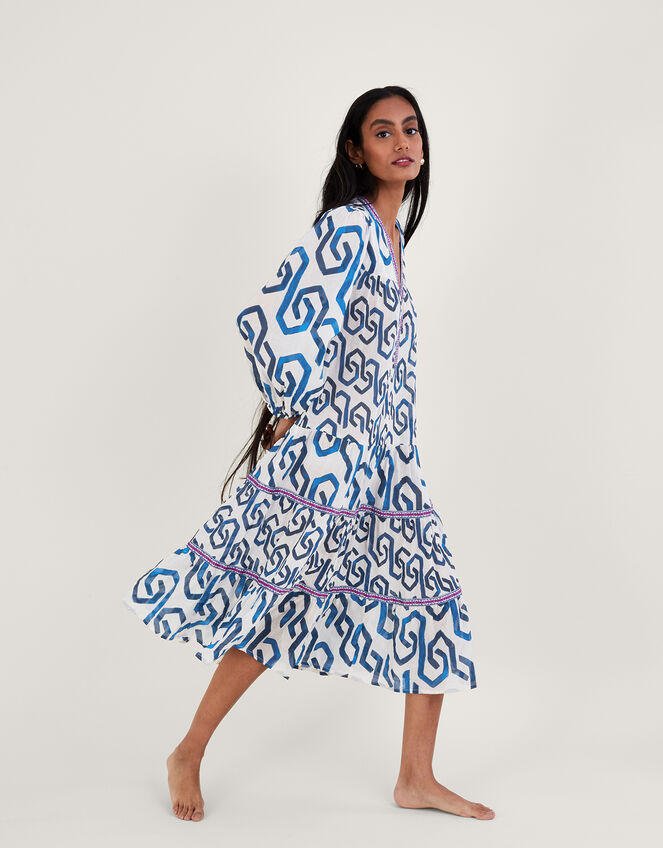 Geometric Print Kaftan Dress in Sustainable Cotton, Blue (COBALT), large