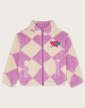 Checkerboard Heart Zipper Fleece Jacket, Purple (LILAC), large