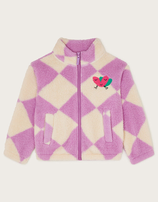 Check Print Heart Zip Fleece Jacket, Purple (LILAC), large