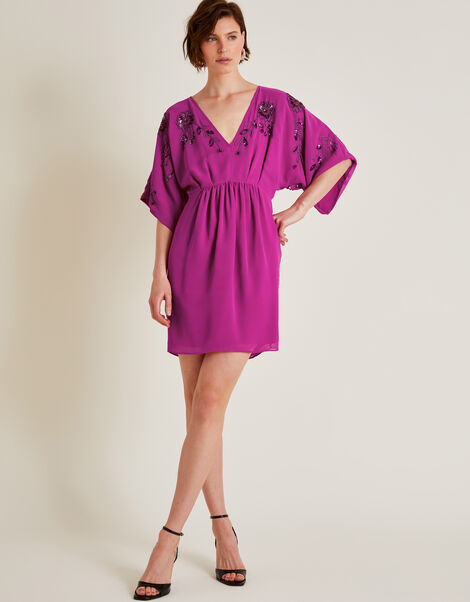 Isla Embellished Short Sleeve Mini Dress, Pink (PINK), large
