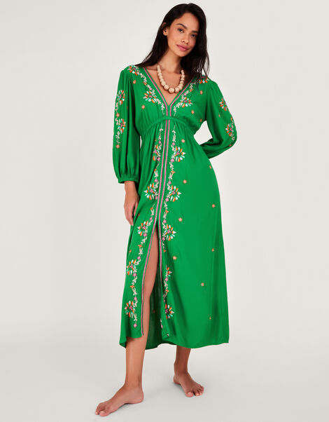 Embroidered Maxi Kaftan Dress, Green (GREEN), large