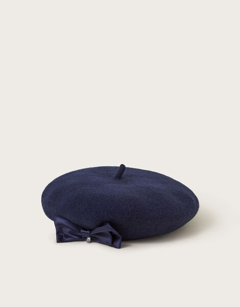 Diamante Bow Wool Beret, Blue (NAVY), large