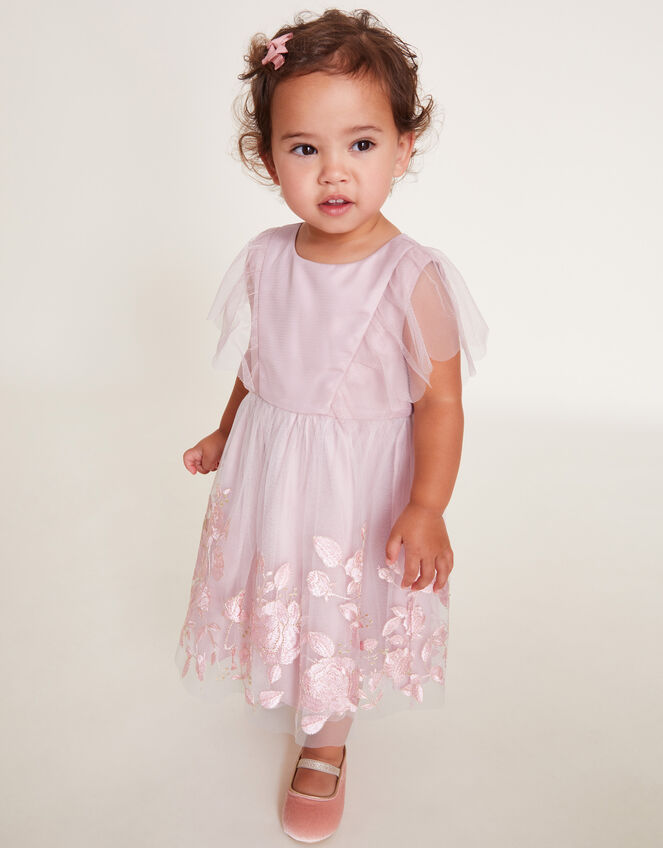 Baby Dahlia Floral Embroidered Dress, Pink (PALE PINK), large