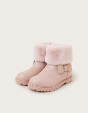 Bow Faux Fur Cuff Boots, Pink (PINK), large