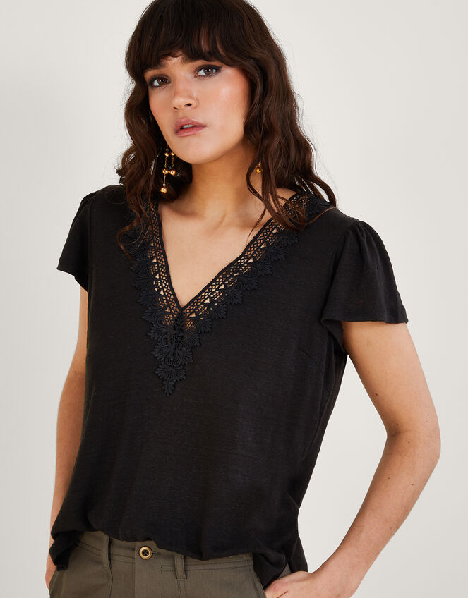 Lace V-Neck Short Sleeve Top in Linen Blend Black