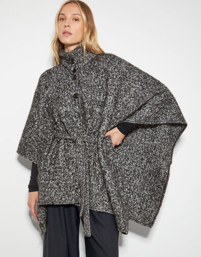 Kiri Belted Tweed Poncho Coat, , large