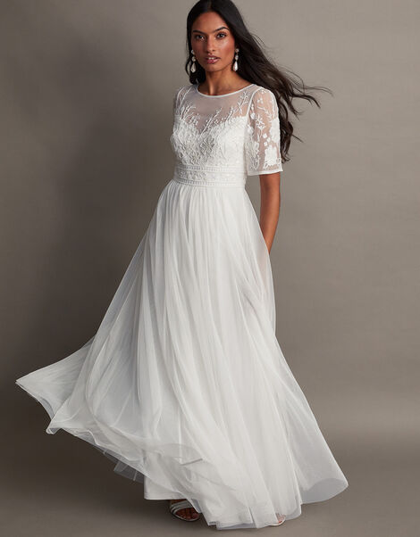 Monsoon Meghan Geo Lace Maxi Wedding Dress, Ivory, 6