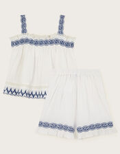 Embroidered Frill Top and Shorts Set, White (WHITE), large