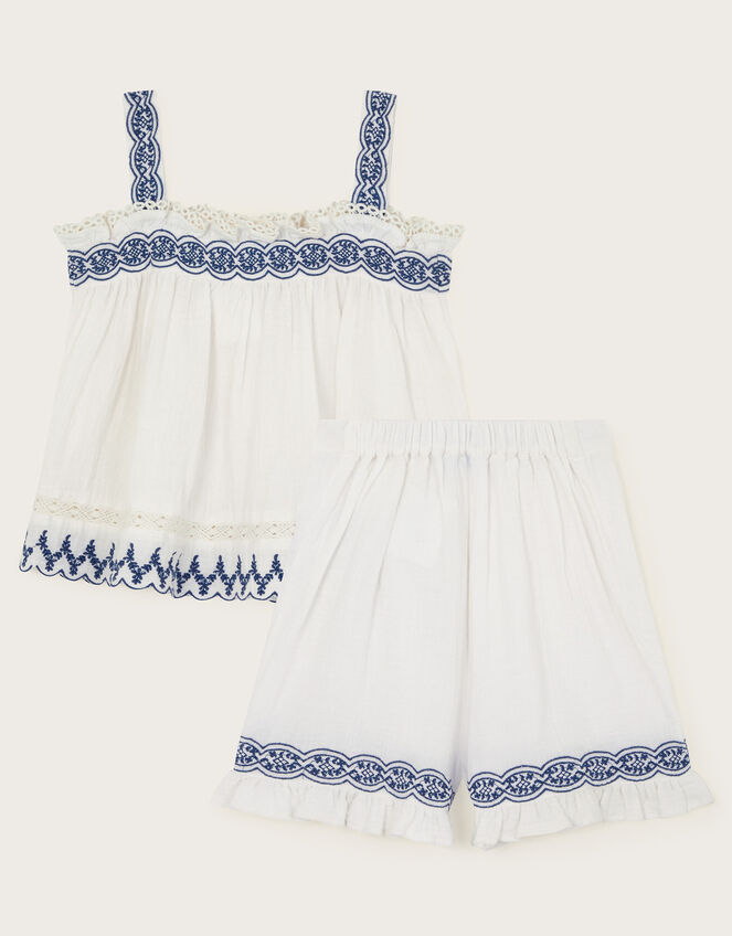 Embroidered Frill Top and Shorts Set, White (WHITE), large