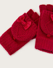 Bow Fingerless Mitten Knit Gloves, Red (RED), large