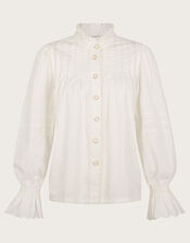 Rose Long Sleeve Frill Pleat Shirt, White (WHITE), large