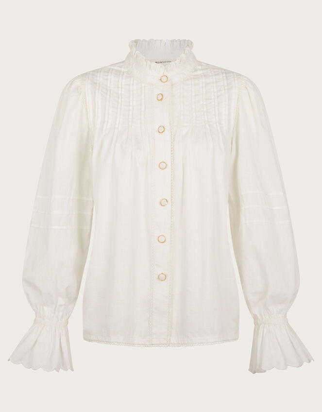 Rose Long Sleeve Frill Pleat Shirt, White (WHITE), large