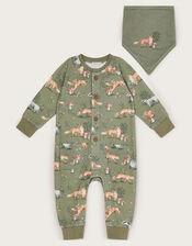 Newborn Fox Print Romper and Bib, Green (GREEN), large