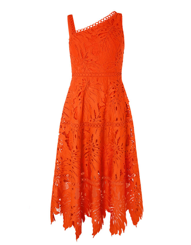 Monsoon- Maria Palm Lace Midi Dress , Orange (ORANGE), large