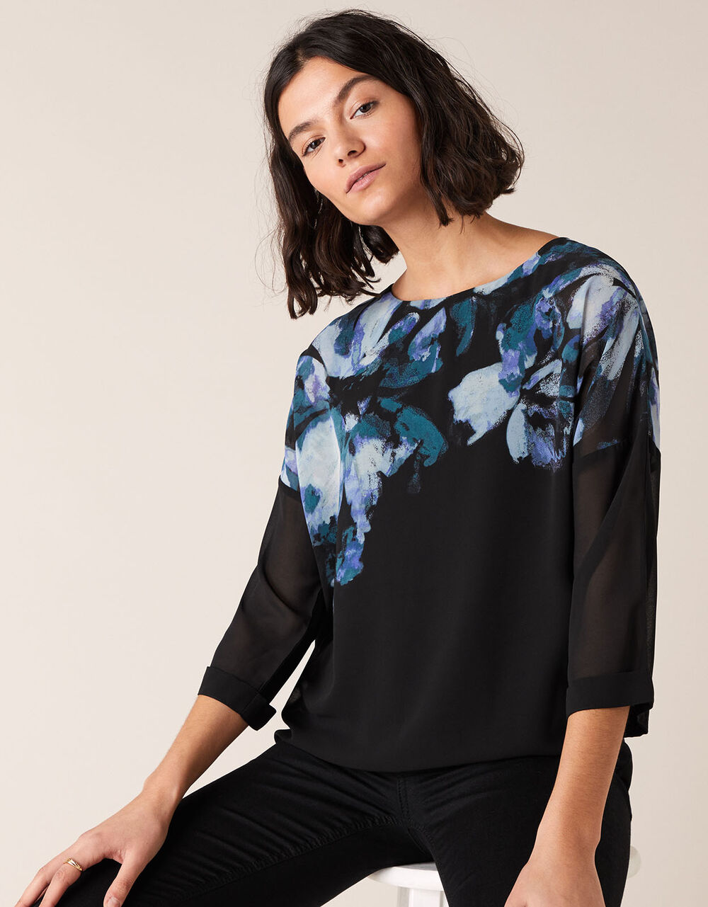 Floral Placement Print Blouse Black | Blouses & Shirts | Monsoon Global.